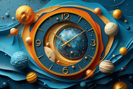 星球旁的时间钟表背景图片