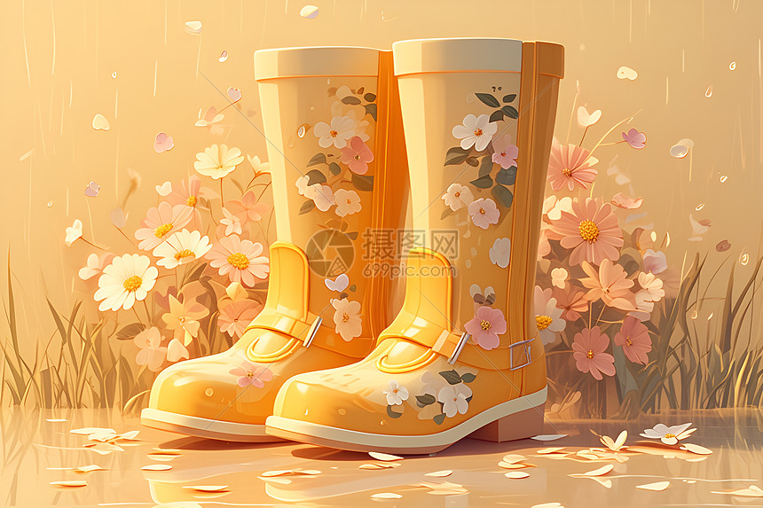 黄色的花朵胶鞋图片