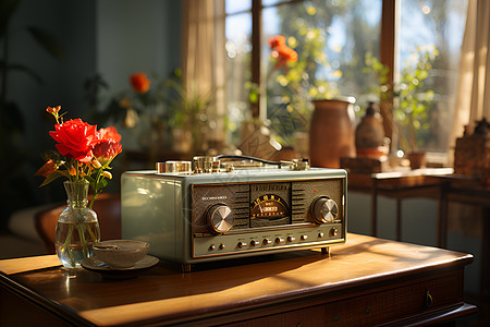 桌子上的复古收音机背景图片