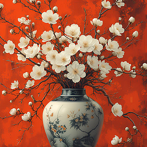 白花瓶红墙细致油画图片
