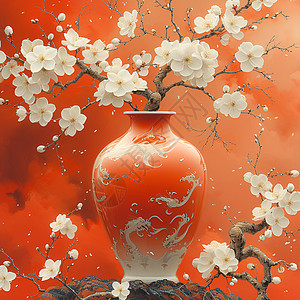 一池红火龙纹花瓶与梅花树图片