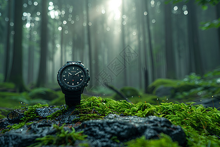 手表在苔藓覆盖的岩石上图片