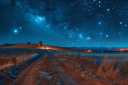 田野夜景星空下的田野景观插画