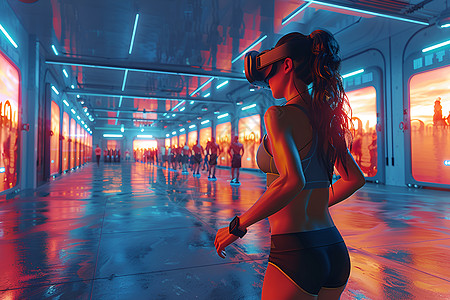 VR虚拟体验健身房戴着vr眼镜的女性背景