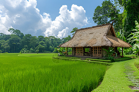 谷仓建筑稻田里的茅草屋背景