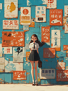 女人站在广告墙前图片