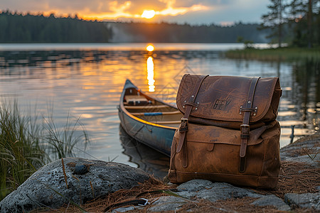 背包旅行清晨湖畔的旅行背包背景