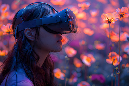 花丛中戴着VR眼镜的女孩图片