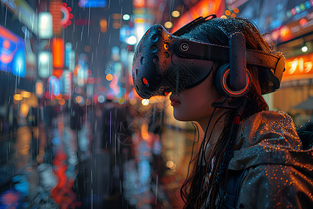 夜幕中的体验VR世界的女孩图片