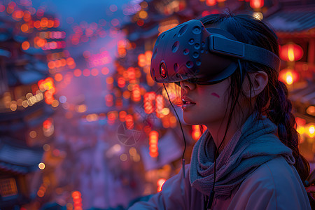 夜幕下戴着VR眼镜的女子图片