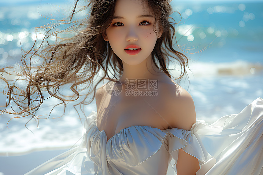 大海边的靓丽少女图片