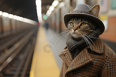 地铁站台一只时尚的猫咪图片