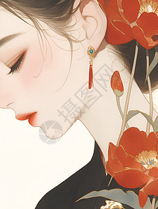 少女和红花背景图片