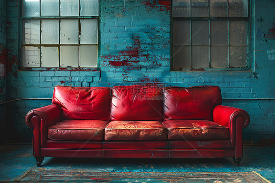 红色沙发在昏暗环境中图片