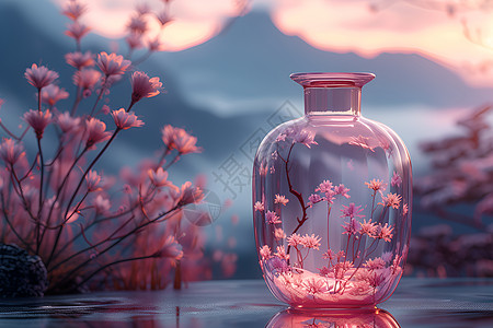 梦幻花朵背景下的玻璃瓶图片