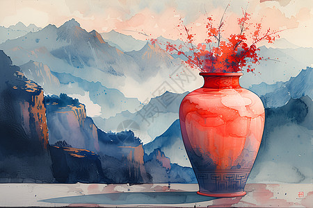 山水画墨印风格淡红与天蓝交织花瓶前的山景壮美高清图片