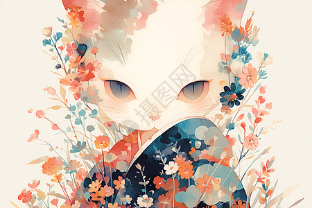 水彩猫与花束背景图片
