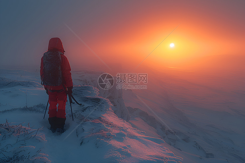 日出山顶的登山者图片