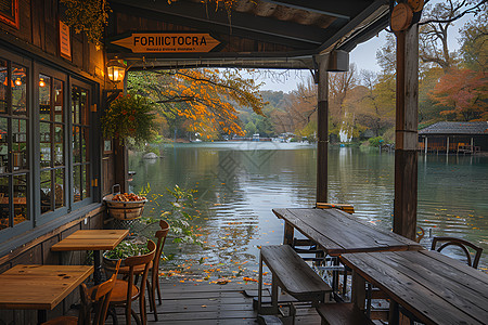 湖边餐厅湖畔宁静咖啡馆背景