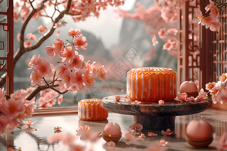 粉色花朵与月饼背景图片