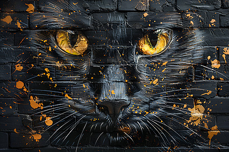 黑猫在砖墙上的艺术插画图片