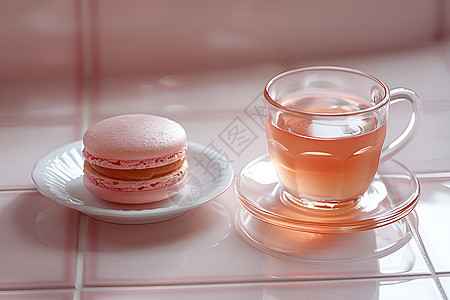 粉色瓷砖上的小蛋糕茶点图片