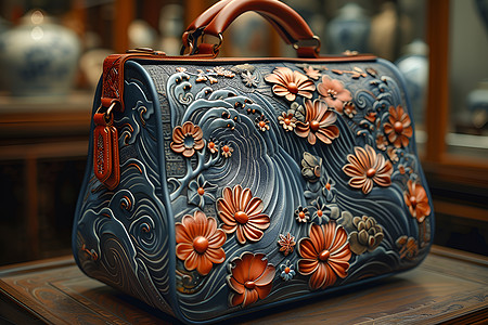 手提包的表面呈现雕刻的花纹图片