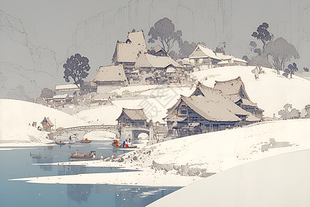 雪中山村图片
