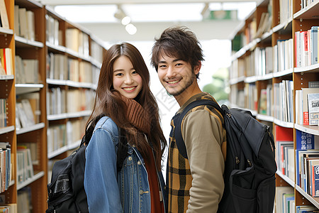 图书馆的年轻男女背景图片