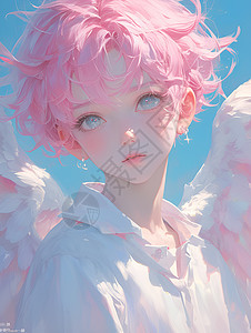天使之翼粉发女孩与蔚蓝天空图片