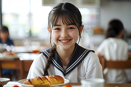 学校里吃饭的女学生图片