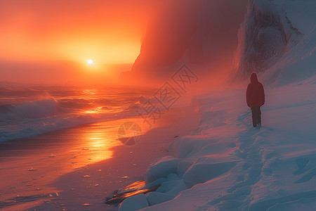 冰河岸边行走的人图片