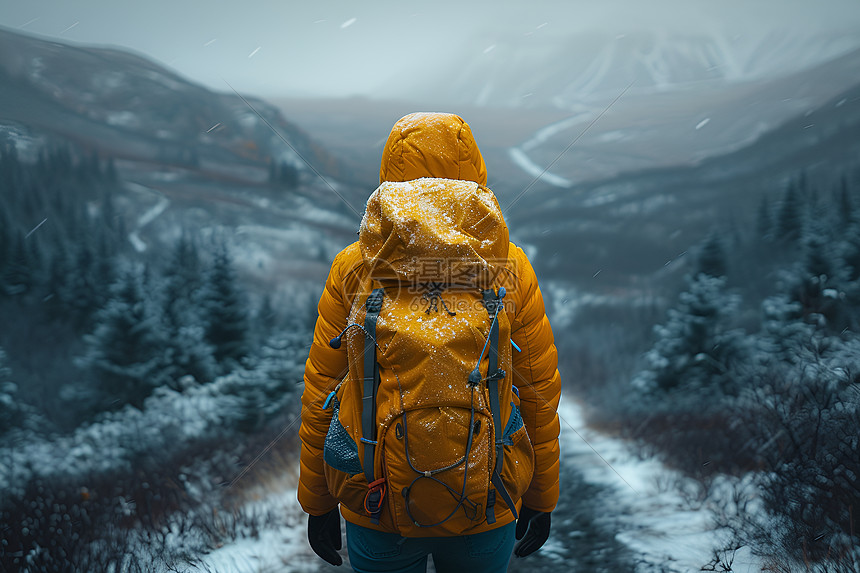 黄衣人徒步穿越雪林图片