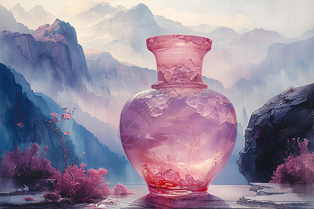 山水间的玻璃花瓶图片
