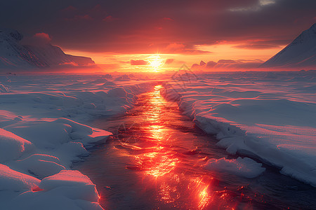 冰河倒影的夕阳图片