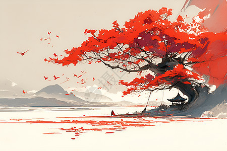 红枫树下的湖泊图片