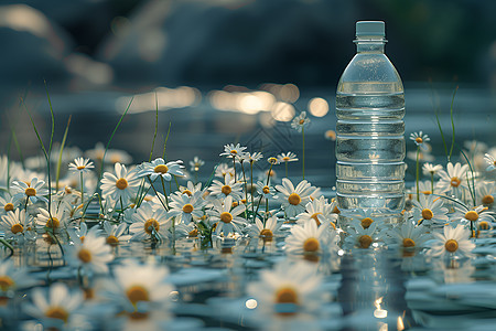 清澈池塘中平静盛放的水瓶图片