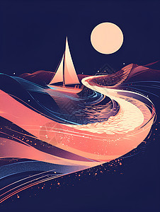 深夜中满月下一艘帆船图片