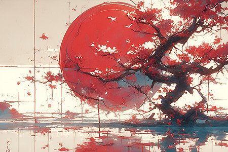 湖边的红枫树图片
