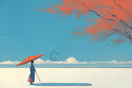 红花树下撑伞的女人图片
