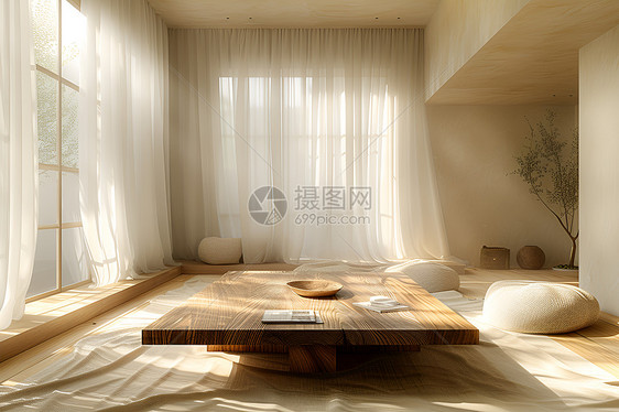 自然之光下的木质中心桌的现代客厅图片