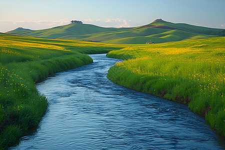 田野里蜿蜒的河流图片