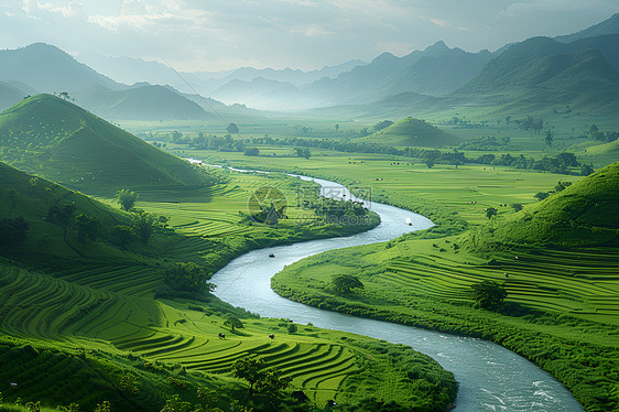 山谷里蜿蜒的河流图片