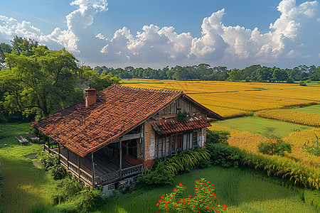 稻田里的农舍图片