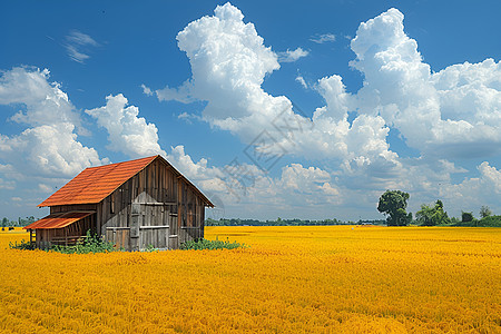 金色郁金香金色稻田里的谷仓背景