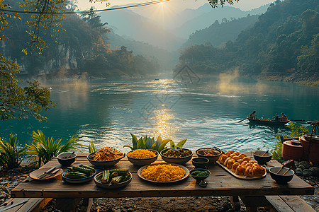 餐桌美食宁静河畔的咖喱野餐背景