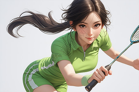 绿衣女子打网球图片