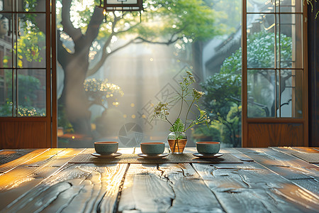 绿植桌子桌子上的茶杯背景