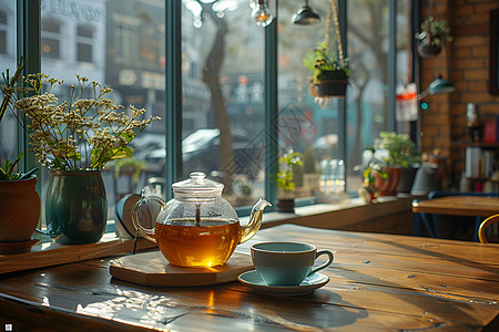 茶餐厅桌子上的一壶茶背景