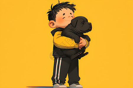 男孩抱着可爱的小黑狗图片